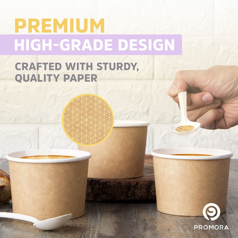Promora 12oz Paper Ice Cream Cups Disposable 50 Count + Spoons, Bowls for Hot Soup/Dessert with Spoons, Perfect for Hot & Cold Food, Disposable Soup Bowls, Ice Cream Bowls, Frozen Yogurt (Brown 12oz) - Image 2